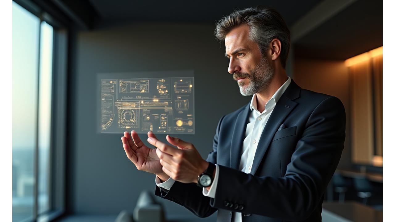 Sophisticated man interacting with a holographic interface, signifying advanced technology and bespoke service