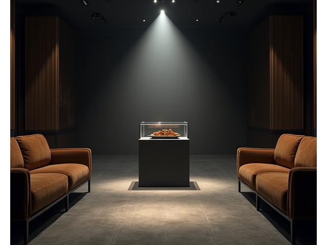Elegant auction room setup with spotlight on a glass display case containing a rare gadget