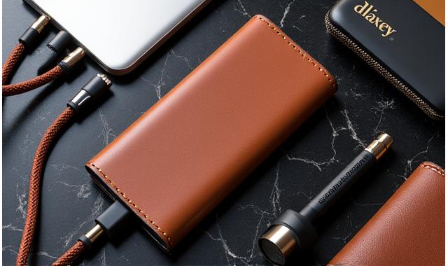 Premium leather tech accessories including a customized power bank and cable organizer