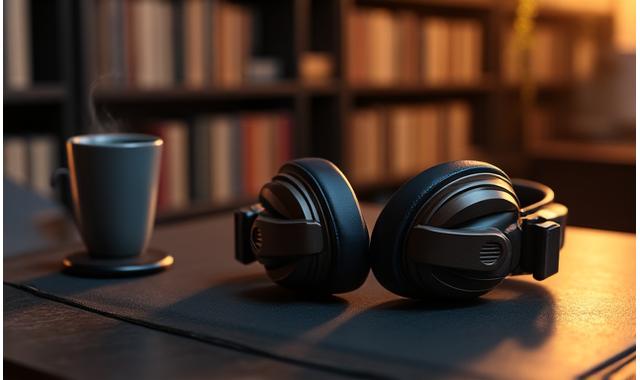 High-fidelity luxury headphones resting on a minimalist desk next to an espresso cup