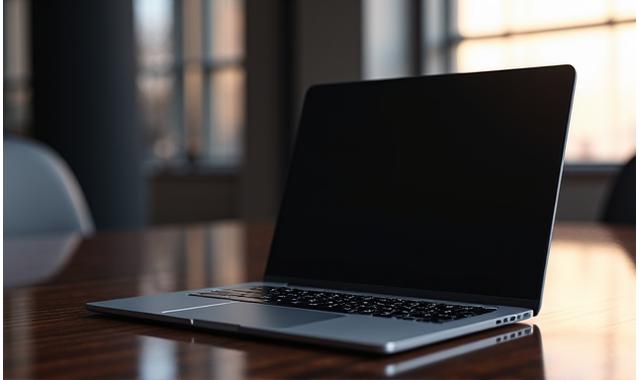 Sleek, ultra-thin executive laptop on a polished wooden desk in a modern office