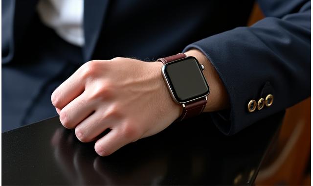 Sophisticated smartwatch on a man's wrist, complementing a tailored suit
