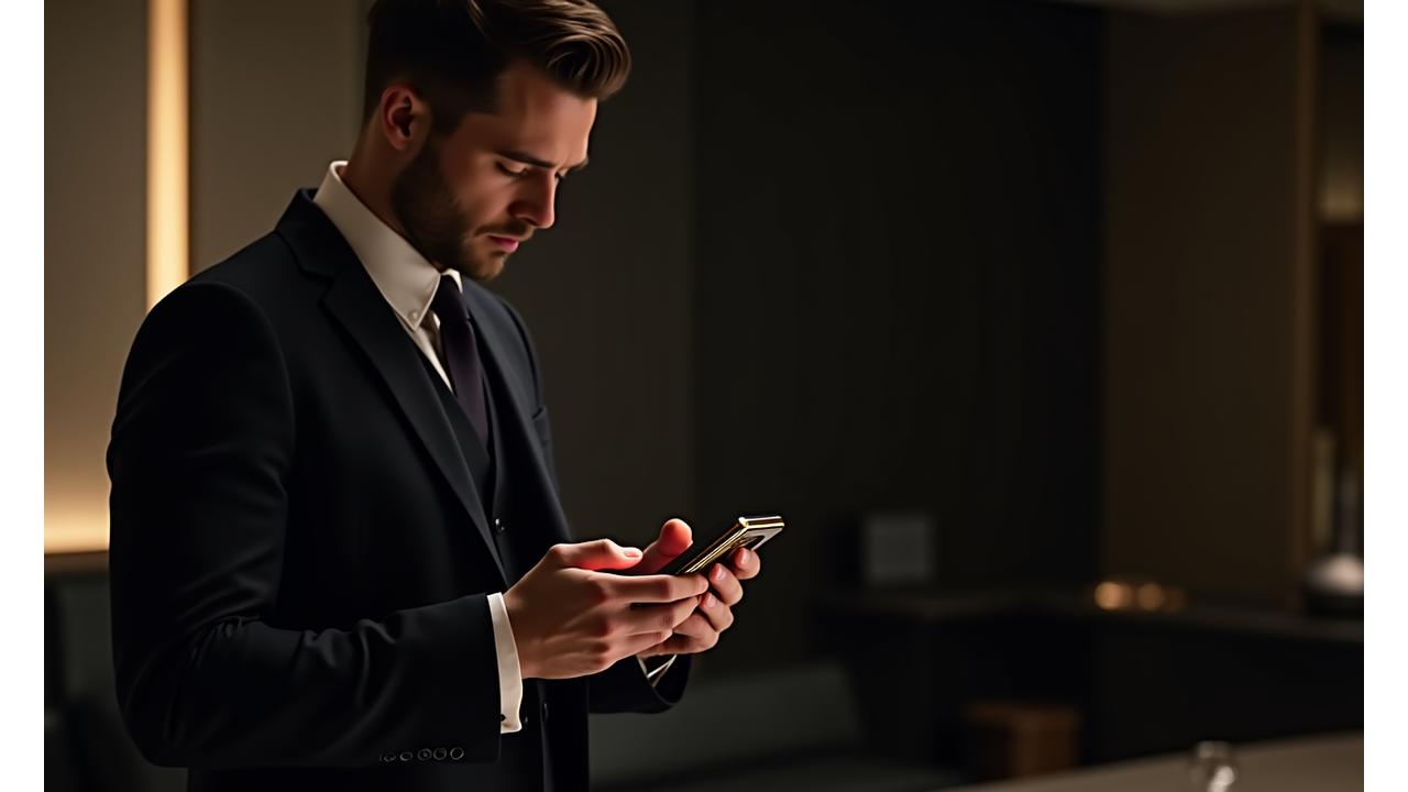 Sophisticated man using a premium smartphone in a stylish, minimalist setting, representing discerning luxury.