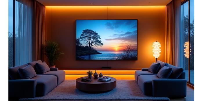 Elegant living room with a discreet, high-end entertainment system and rich, ambient lighting