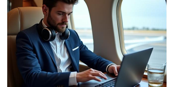 Sophisticated gentleman in an airport lounge, using a premium laptop with noise-cancelling headphones