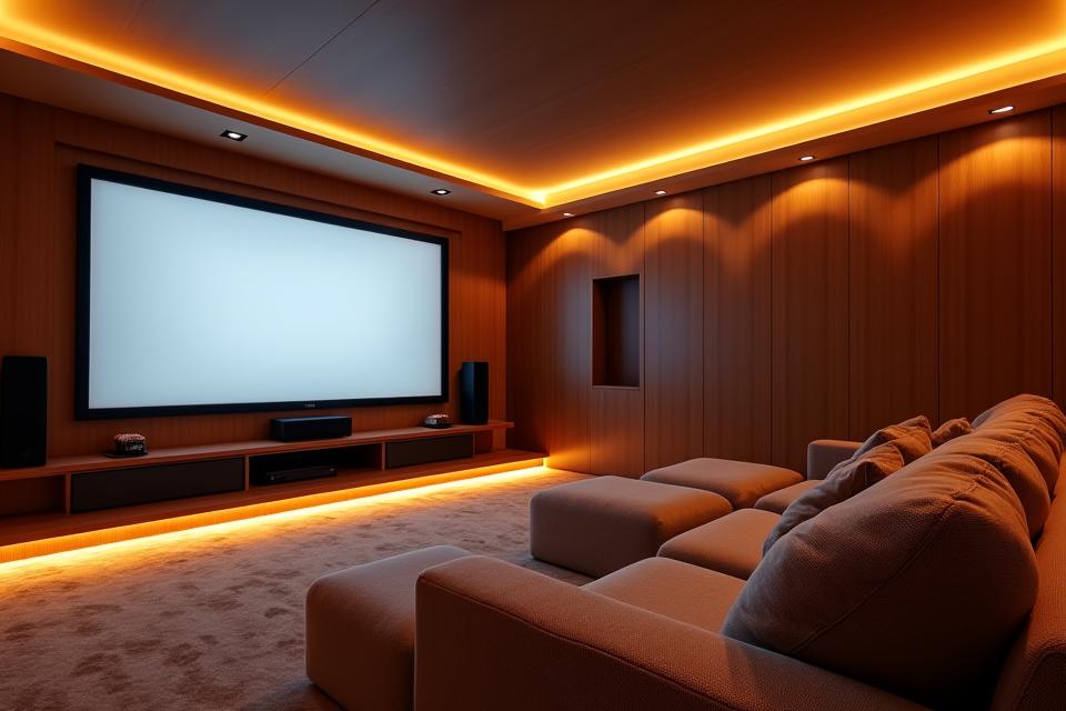 High-end home theater system with concealed speakers and ambient lighting.