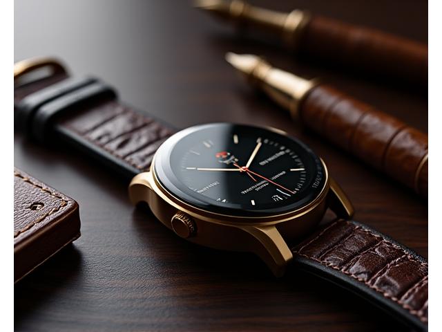 A luxury gold smartwatch with a classic leather strap displaying a sophisticated watch face, accompanied by a high-end fountain pen and a bespoke leather planner.