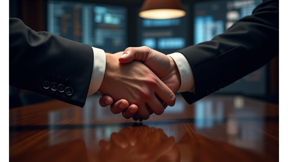Two impeccably dressed men shaking hands over a polished dark wood desk, with a faint glow of tech displays in the background, symbolizing agreement and partnership.