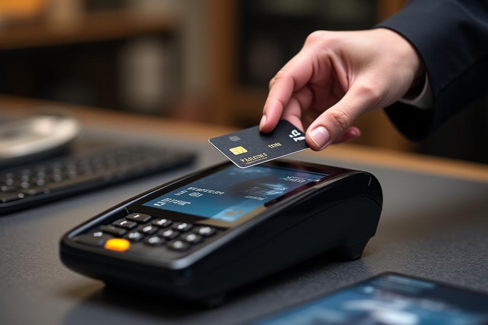 A close-up of a sophisticated man's hand holding a sleek, dark credit card over a minimalist payment terminal, with blurred luxury tech in the background.